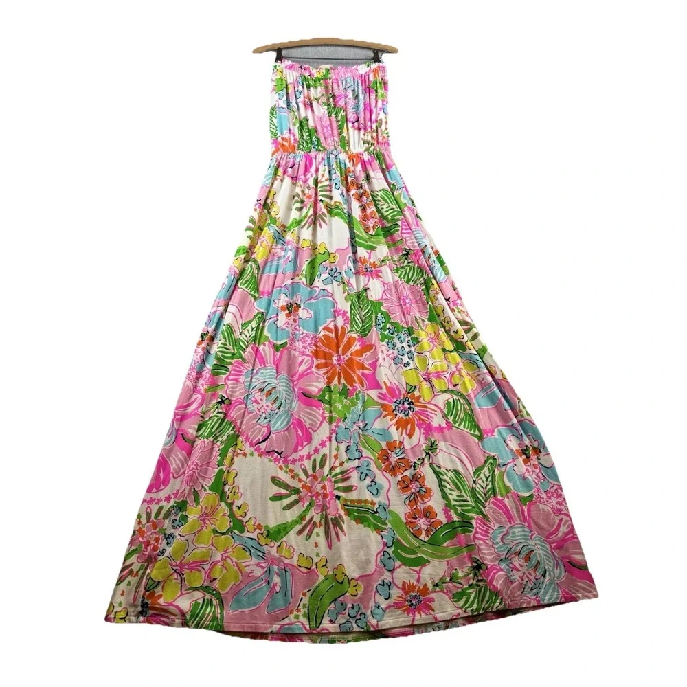 Lilly Pulitzer Target Strapless Maxi Dress Large Pink Floral Tropical Boho - Picture 10 of 16